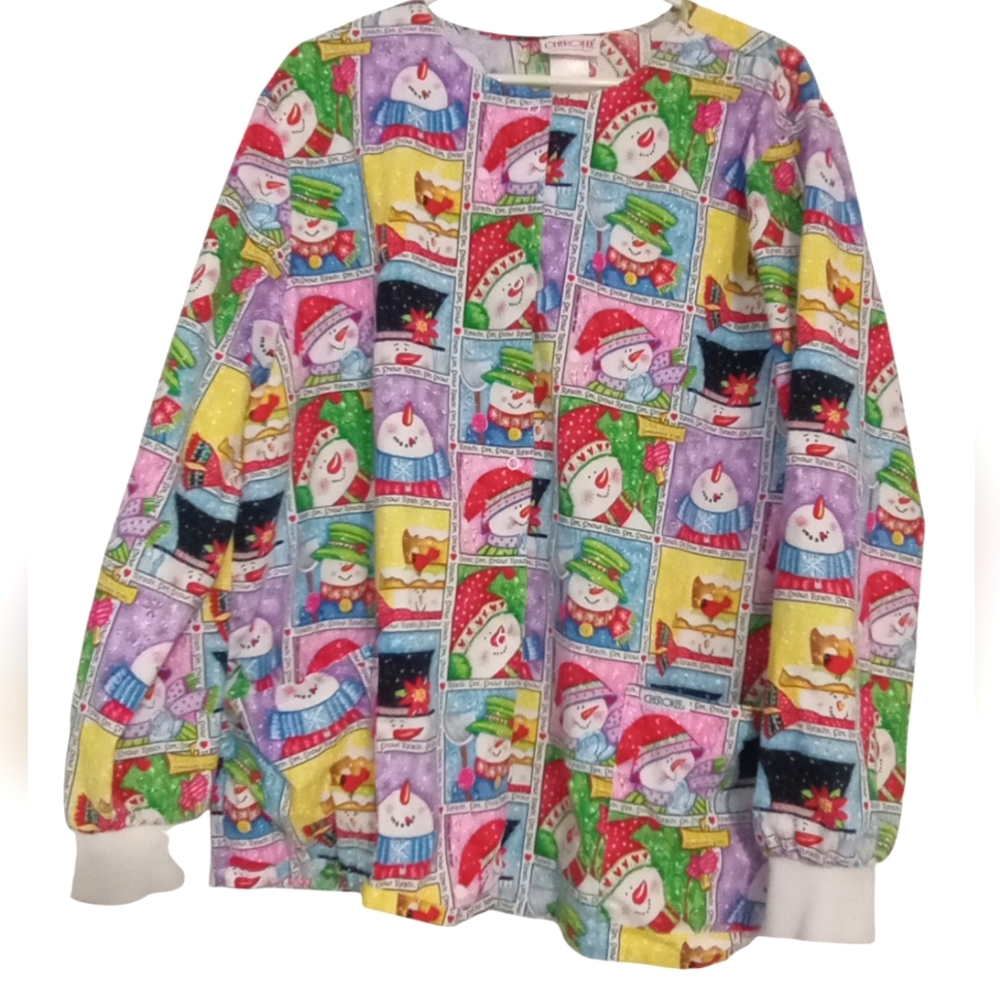Cherokee Winter Holidays Christmas Snowmen Colorful Women's Scrub Size XL